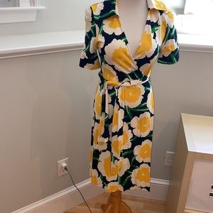 Diane Von Furstenberg Yellow Floral Wrap Midi Dress with Navy & Green Accents